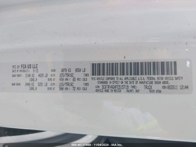 3C6TRVAGXFE515719 RAM Promaster 1500 Low Roof