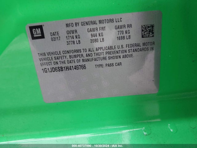 Chevrolet Sonic Lt Auto 2017 1G1JD6SB1H4149766 Image 9