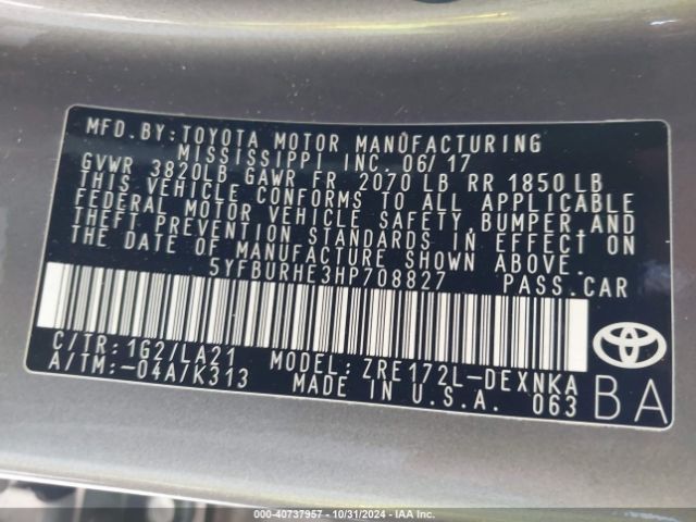 5YFBURHE3HP708827 Toyota Corolla Xle
