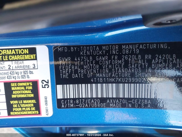 Toyota CAMRY SE 2019 4T1B11HK7KU299902 Image 9
