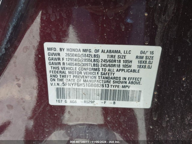 Honda Pilot Ex-l 2016 5FNYF6H51GB082613 Image 9