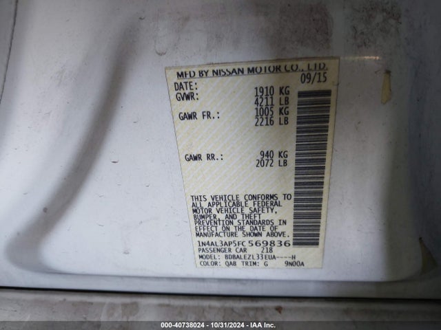Nissan Altima 2.5 S 2015 1N4AL3AP5FC569836 Image 9