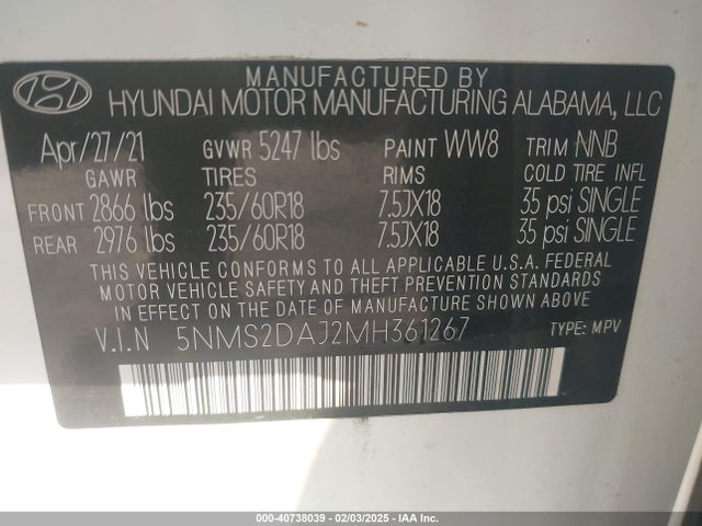 Hyundai Santa Fe Sel 2021 5NMS2DAJ2MH361267 Image 9