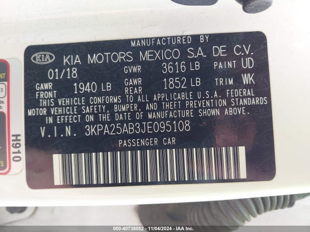 3KPA25AB3JE095108 KIA RIO LX