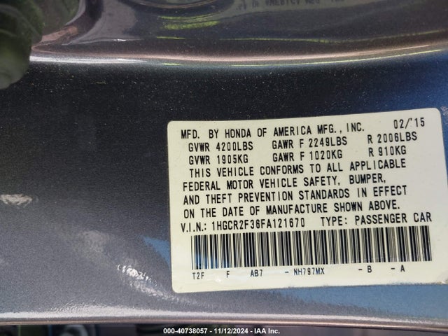 Honda ACCORD LX 2015 1HGCR2F36FA121670 Image 9