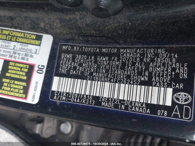 Toyota COROLLA LE 2015 2T1BURHE4FC262457 Image 9