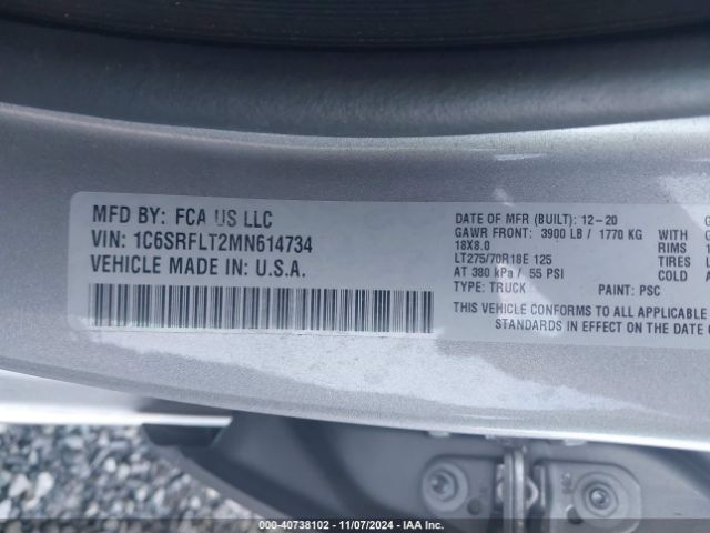 1C6SRFLT2MN614734 RAM 1500 Rebel  4x4 5'7 Box