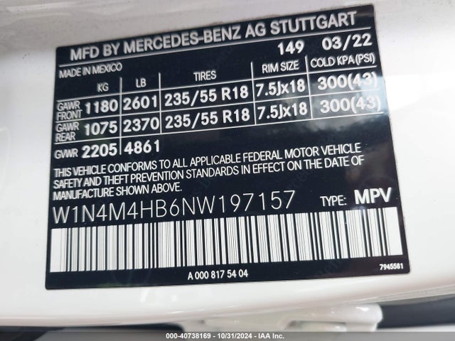 W1N4M4HB6NW197157 Mercedes-Benz Glb 250 4matic
