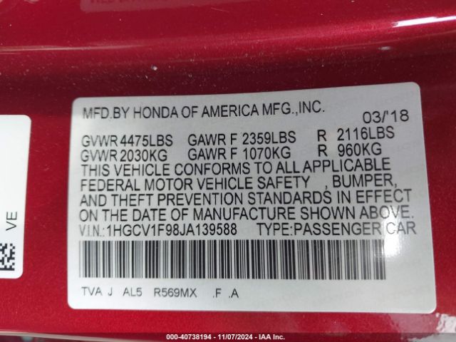 1HGCV1F98JA139588 Honda Accord Touring