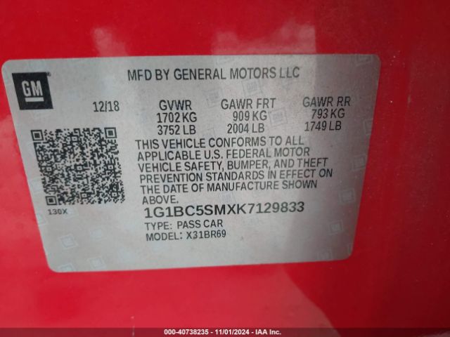 1G1BC5SMXK7129833 Chevrolet CRUZE LS