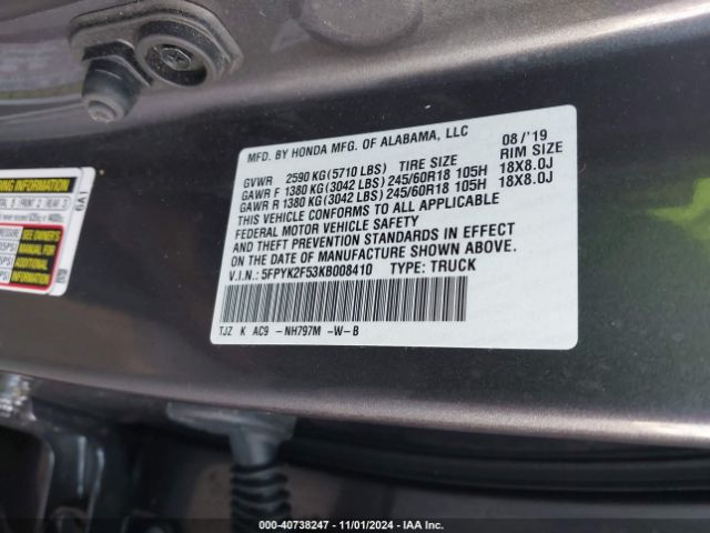 5FPYK2F53KB008410 Honda Ridgeline Rtl