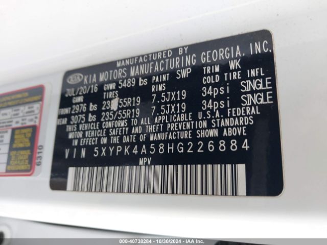 5XYPK4A58HG226884 KIA Sorento 3.3l Sx
