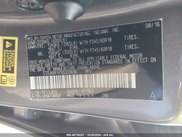 Toyota Highlander Xle V6 2016 5TDJKRFH7GS320696 Image 9