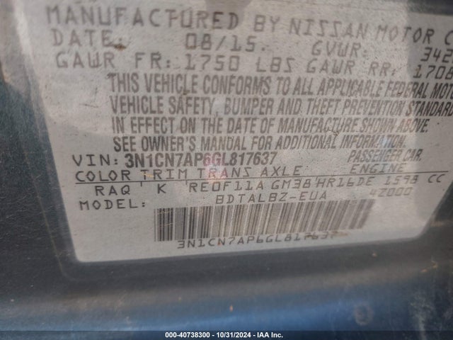 3N1CN7AP6GL817637 Nissan Versa 1.6 Sv