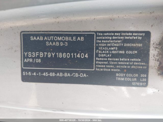 2008 SAAB 9-3 YS3FB79Y186011404 Photo 8