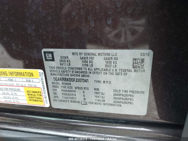 Buick Enclave Leather 2015 5GAKRBKD5FJ307341 Image 9