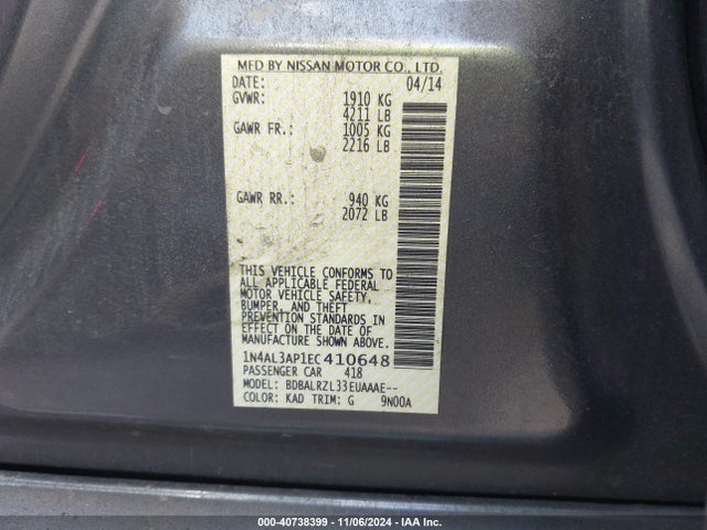 Nissan Altima 2.5 S 2014 1N4AL3AP1EC410648 Image 9