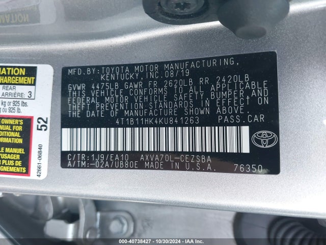 Toyota CAMRY SE 2019 4T1B11HK4KU841263 Image 9