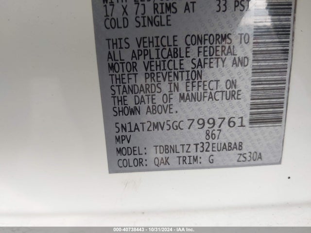 Nissan ROGUE SV 2016 5N1AT2MV5GC799761 Image 9
