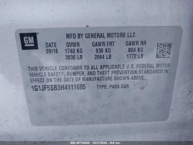 1G1JF5SB3H4111685 Chevrolet Sonic Premier Auto