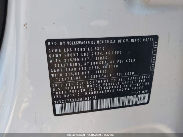 3VV2B7AX8JM002179 Volkswagen Tiguan 2.0t Se/sel