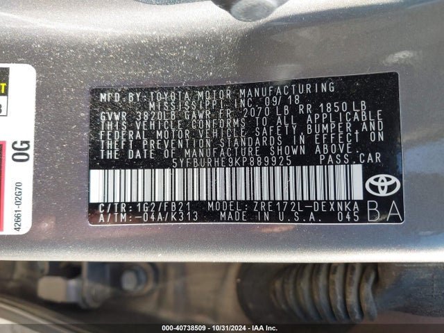 Toyota COROLLA LE 2019 5YFBURHE9KP889925 Image 9