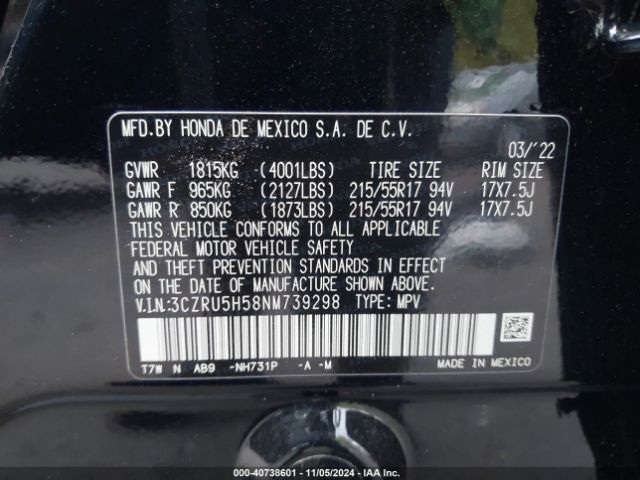 3CZRU5H58NM739298 Honda Hr-v 2wd Ex