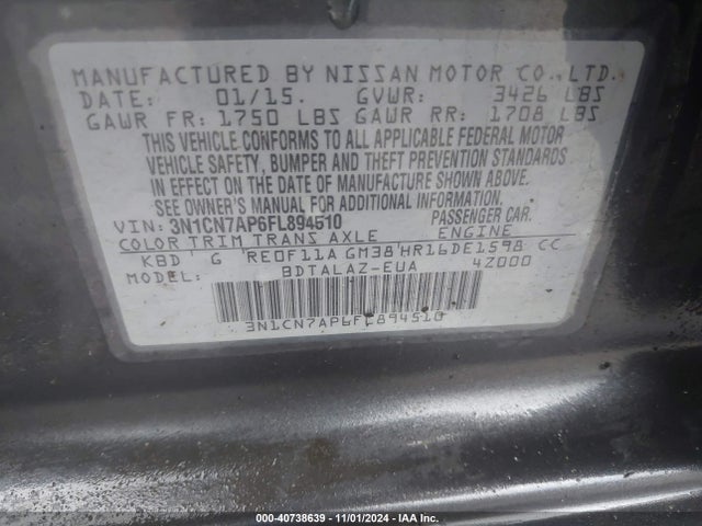 Nissan Versa 1.6 S+ 2015 3N1CN7AP6FL894510 Image 9