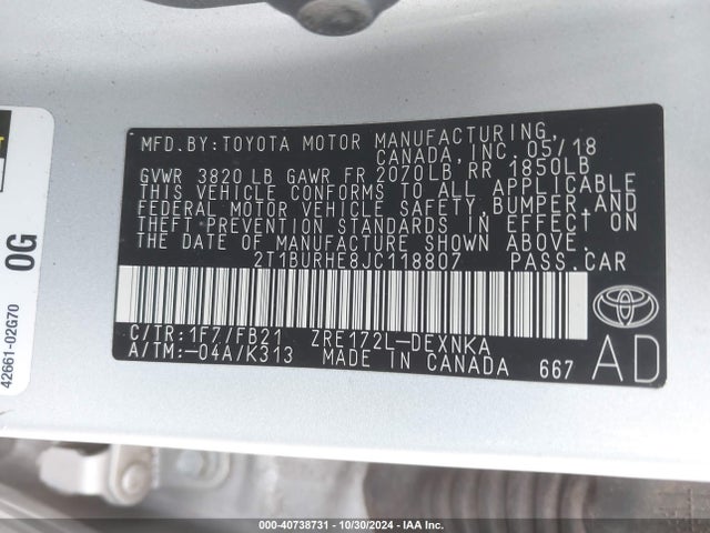 Toyota COROLLA LE 2018 2T1BURHE8JC118807 Image 9