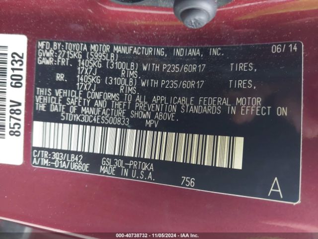 5TDYK3DC4ES500833 Toyota Sienna Xle/limited