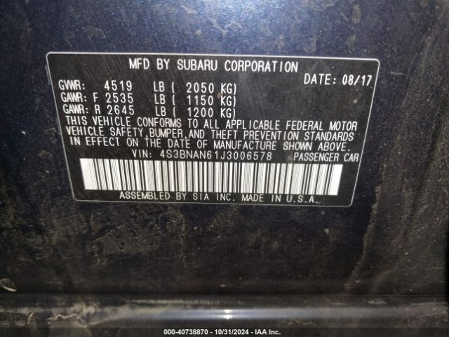 4S3BNAN61J3006578 Subaru Legacy 2.5i Limited