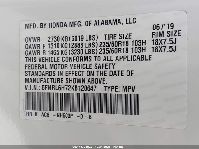 Honda Odyssey Ex-l 2019 5FNRL6H72KB120647 Image 9