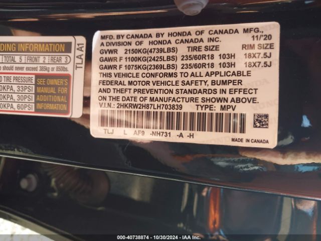 2HKRW2H87LH703839 Honda Cr-v Awd Ex-l