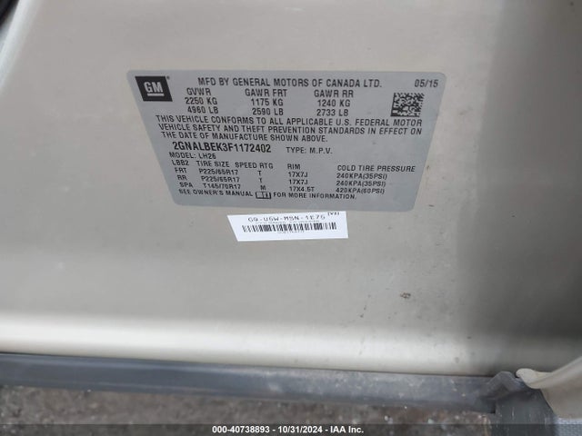 Chevrolet EQUINOX 1LT 2015 2GNALBEK3F1172402 Image 9
