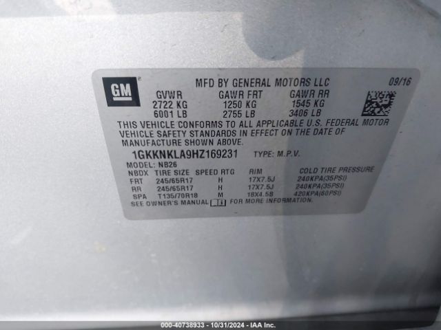 1GKKNKLA9HZ169231 GMC Acadia Sle-1