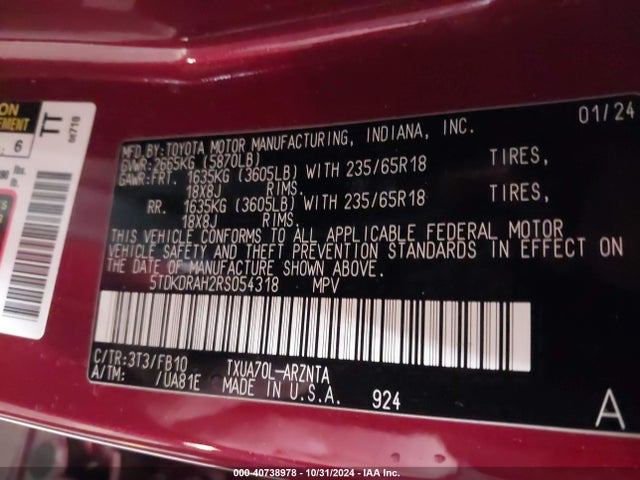 Toyota Highlander Le 2024 5TDKDRAH2RS054318 Image 9