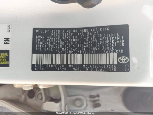 5YFS4MCE5NP129232 Toyota Corolla Se Nightshade Edition
