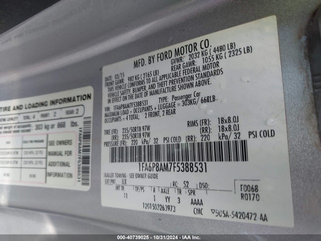 Ford Mustang V6 2015 1FA6P8AM7F5388531 Image 9