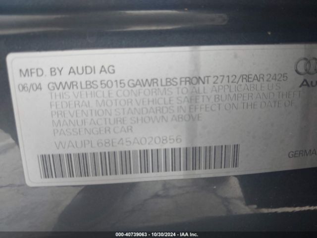 2005 AUDI S4 WAUPL68E45A020856 Photo 8