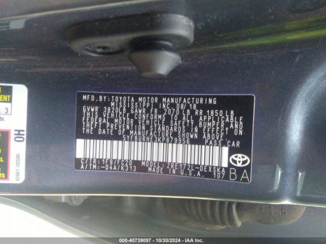 5YFBURHE3KP879956 Toyota COROLLA SE