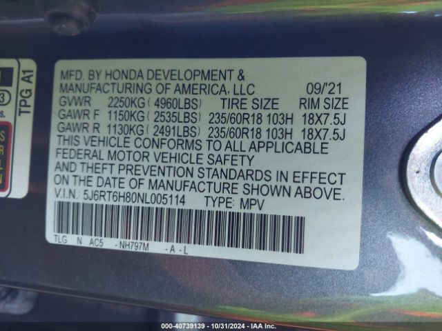 5J6RT6H80NL005114 Honda Cr-v Hybrid Ex-l