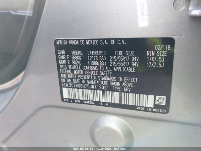3CZRU6H75JM719091 Honda Hr-v Ex-l