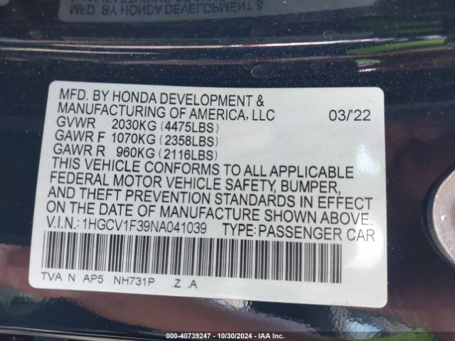 1HGCV1F39NA041039 Honda Accord Sport