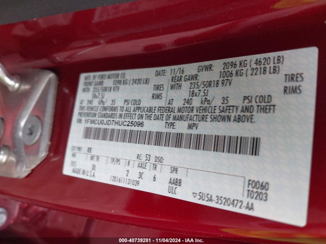 Продаж на аукціоні авто 2017 Ford Escape Titanium, vin: 1FMCU0JD7HUC25096, номер лоту: 40739281