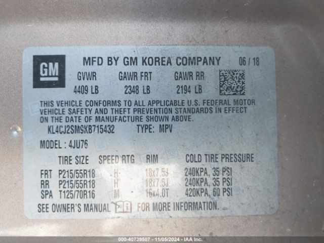 KL4CJ2SM9KB715432 Buick Encore Awd Sport Touring