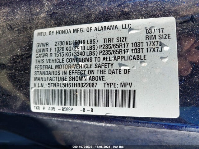 Honda Odyssey Ex-l 2017 5FNRL5H61HB022087 Image 9
