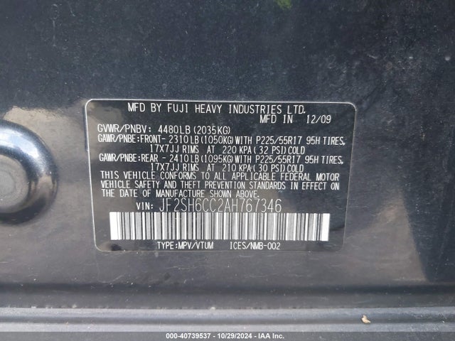 Aukcja sprzedaży 2010 Subaru Forester 2.5x Premium, vin: JF2SH6CC2AH767346, numer aukcji: 40739537