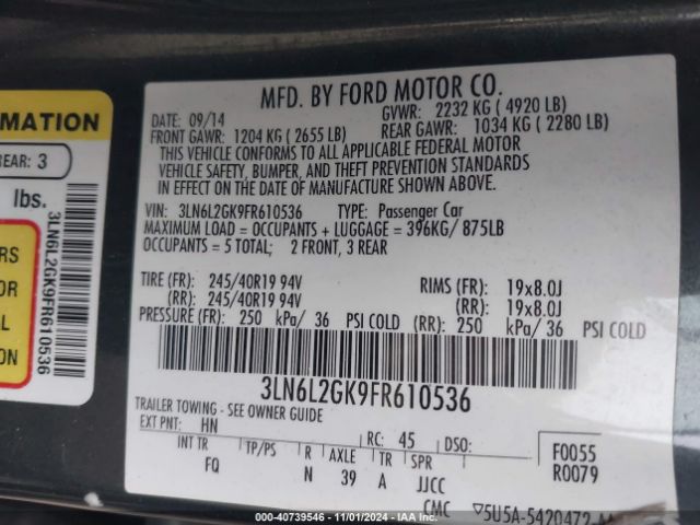 3LN6L2GK9FR610536 Lincoln MKZ