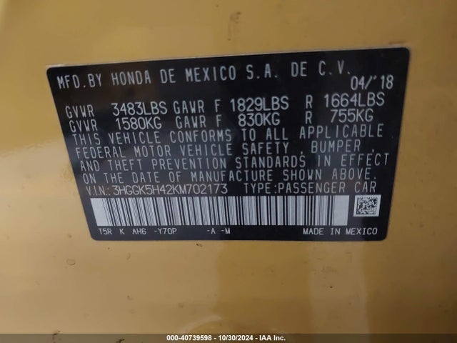 Honda FIT LX 2019 3HGGK5H42KM702173 Image 9