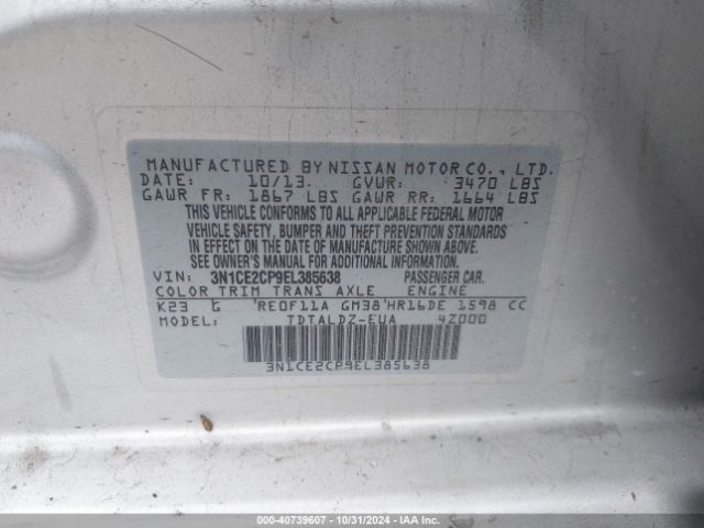 3N1CE2CP9EL385638 Nissan Versa Note Sv